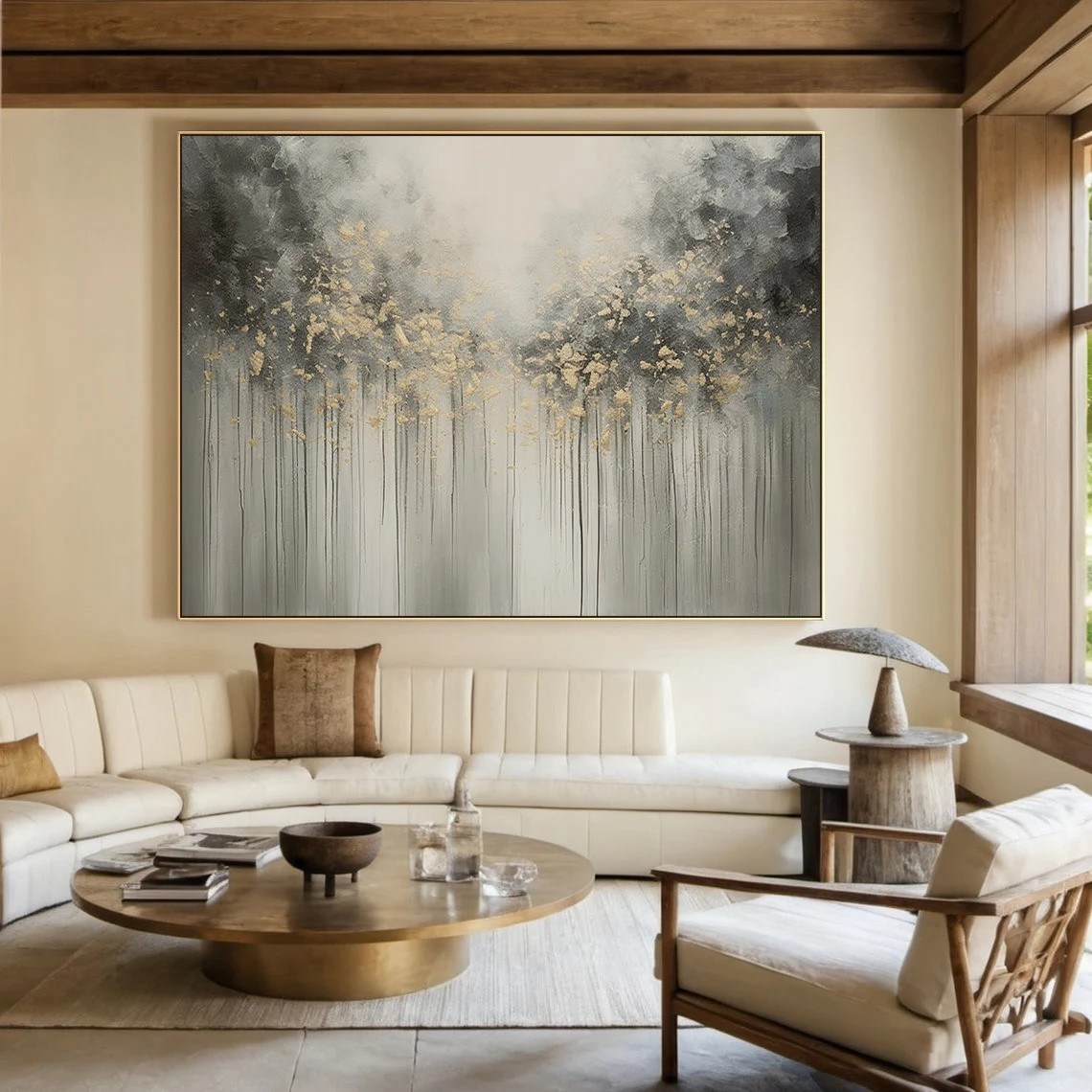 Large Abstract Nature Painting | Grey, Black, Gold Forest Art #TC 064