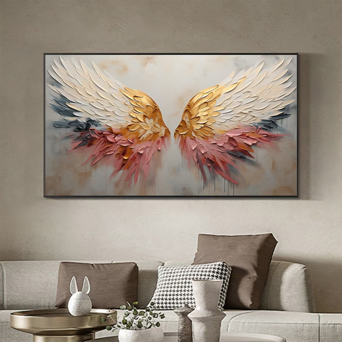 Textured Angel Wings Abstract Oil Painting - Gold & Peach Art #JJ 031