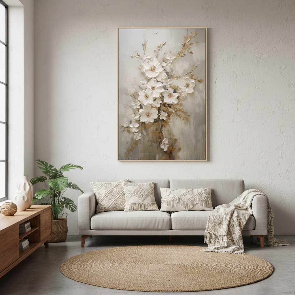 Large Gold and White Textured Floral Wall Art #CC 001