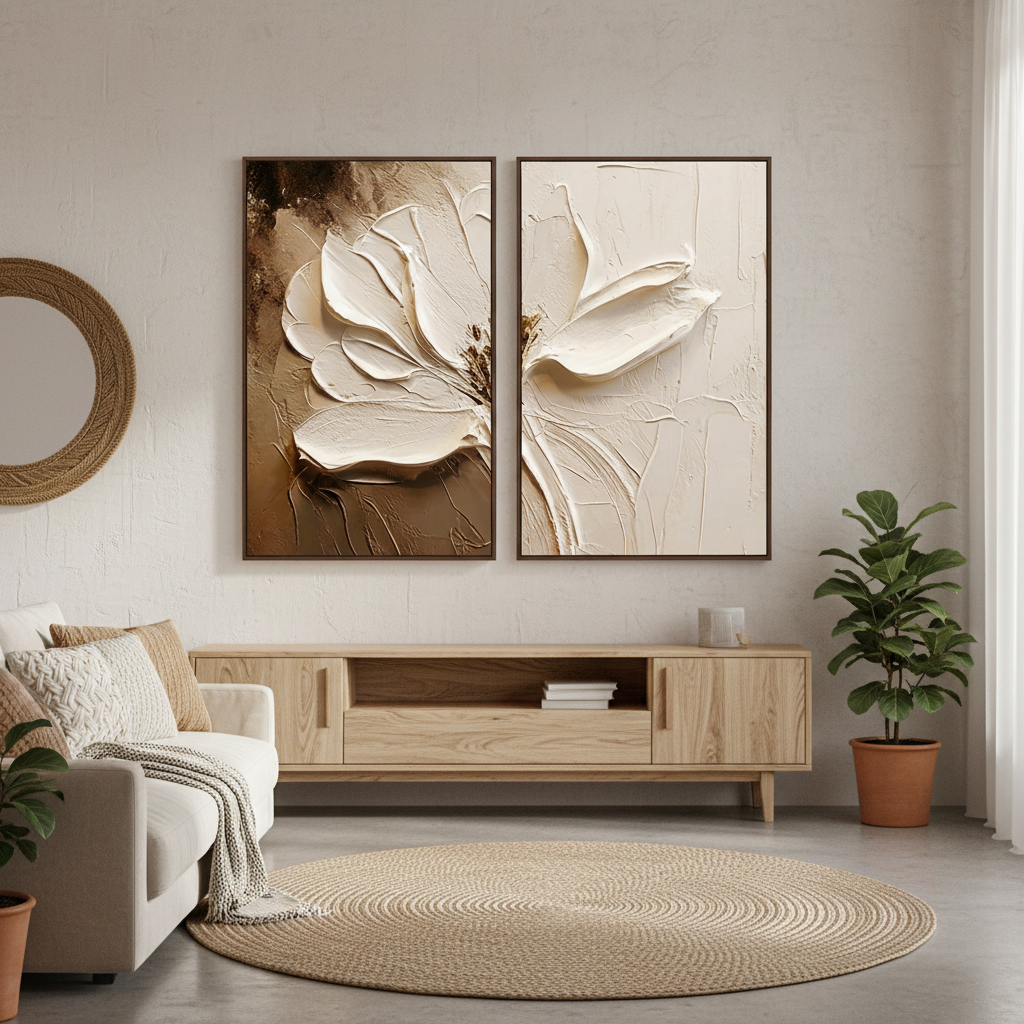 Neutral Boho Textured Floral Art | Hand-Painted White Flower Diptych #ZZ 272