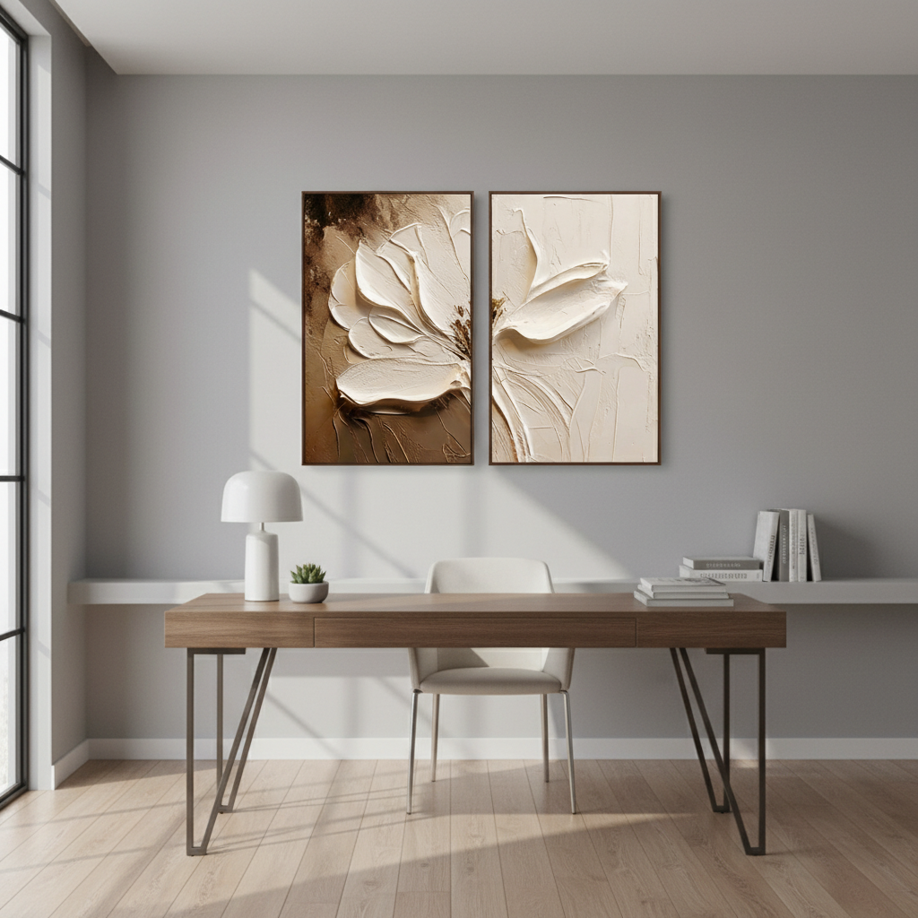 Neutral Boho Textured Floral Art | Hand-Painted White Flower Diptych #ZZ 272