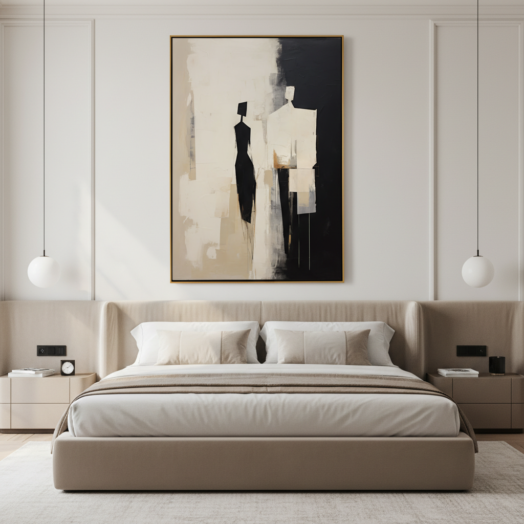 Abstract Couple Silhouette Wall Art - Minimalist Black & Beige Canvas #CC 007