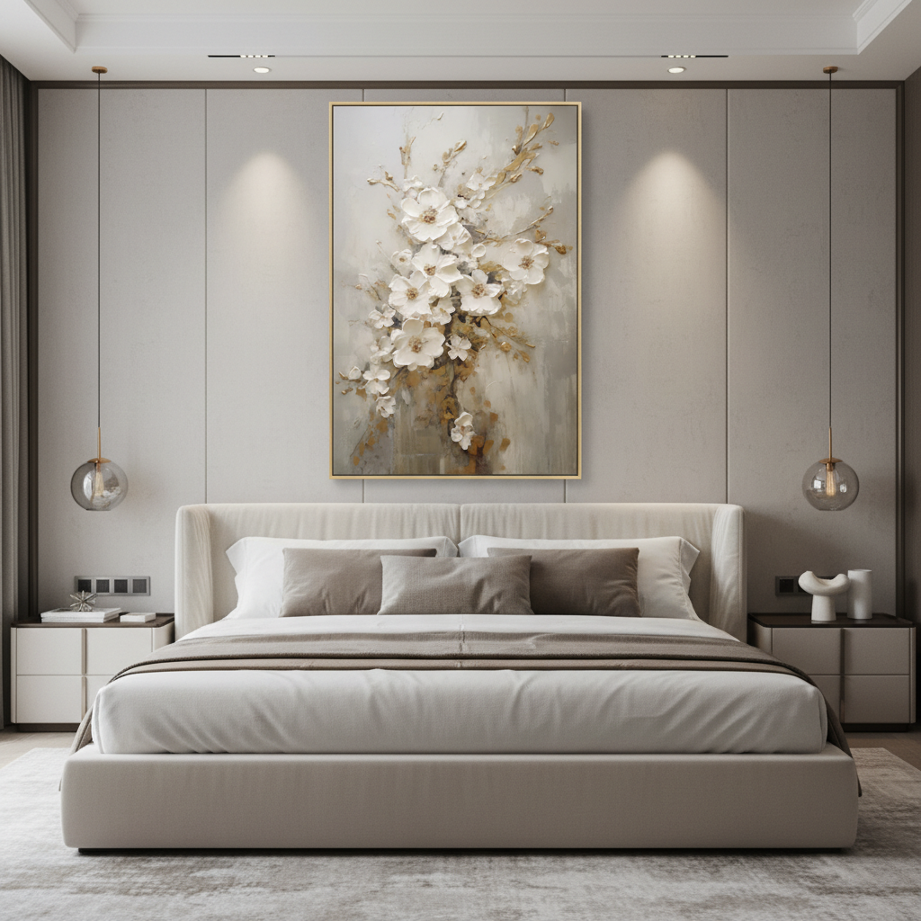 Large Gold and White Textured Floral Wall Art #CC 001