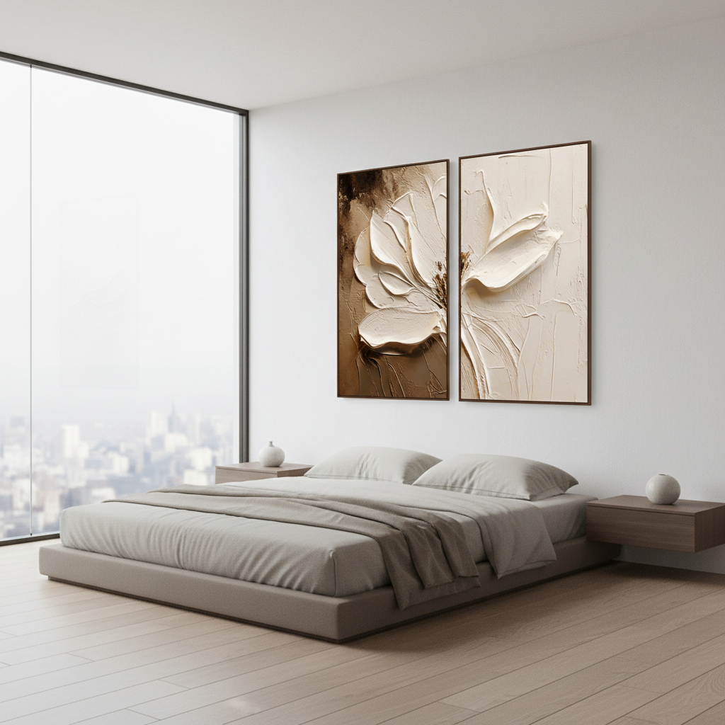 Neutral Boho Textured Floral Art | Hand-Painted White Flower Diptych #ZZ 272