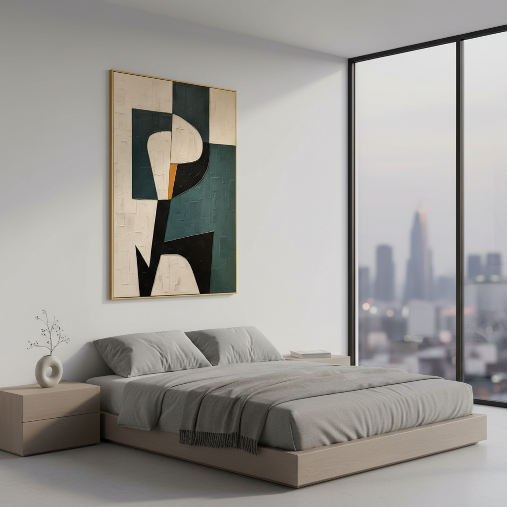 Modern Geometric Abstract Canvas - Textured Teal & Black Wall Art #CC 006