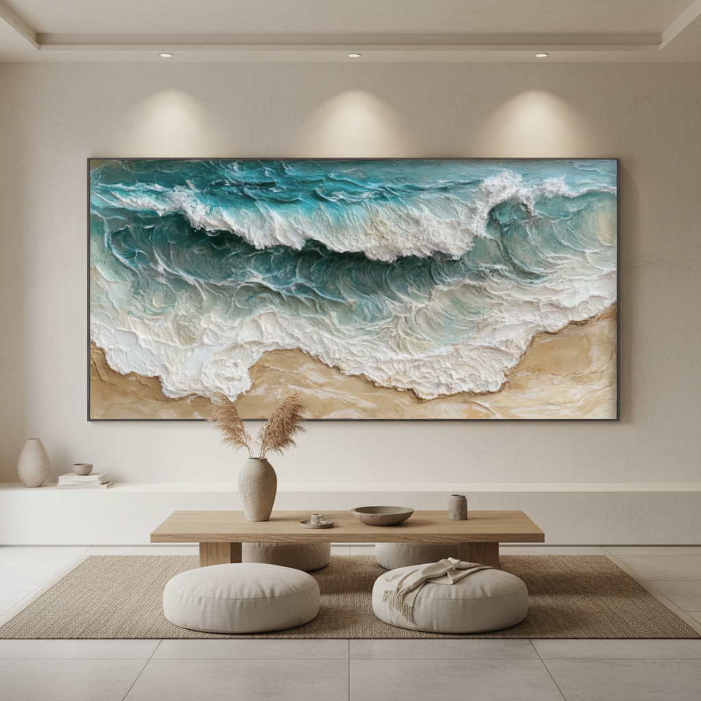 Luxury Teal and Gold Beach Wave Impasto Art