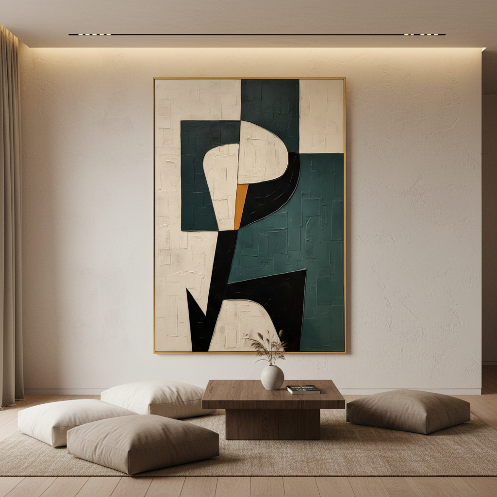 Modern Geometric Abstract Canvas - Textured Teal & Black Wall Art #CC 006