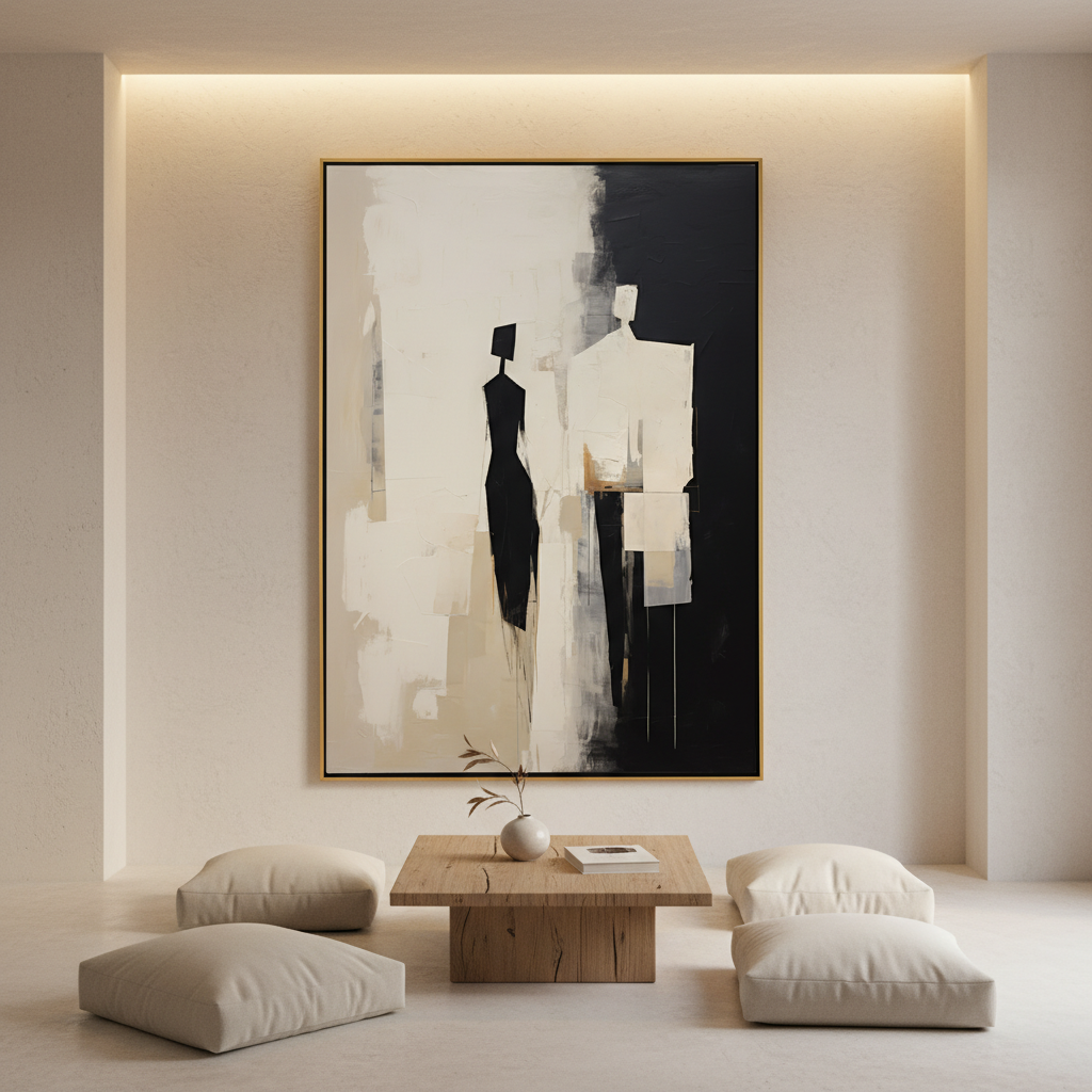Abstract Couple Silhouette Wall Art - Minimalist Black & Beige Canvas #CC 007