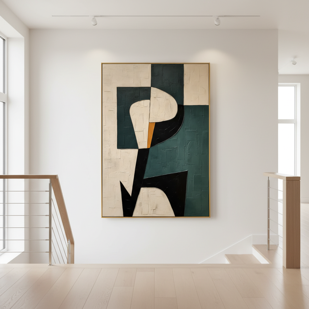 Modern Geometric Abstract Canvas - Textured Teal & Black Wall Art #CC 006