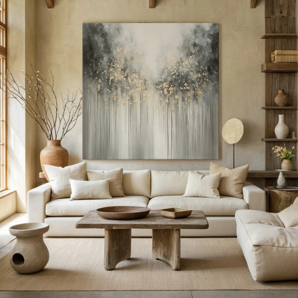 Large Abstract Nature Painting | Grey, Black, Gold Forest Art #TC 064