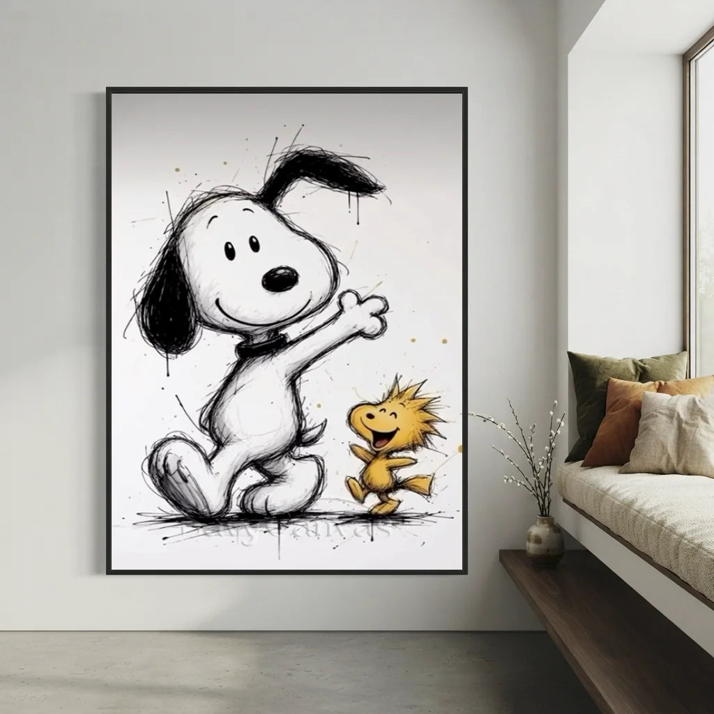 Hand-painted Modernism style Snoopy and Woodstock oil painting featuring expressive sketch lines in a black frame for modern living room wall decor.