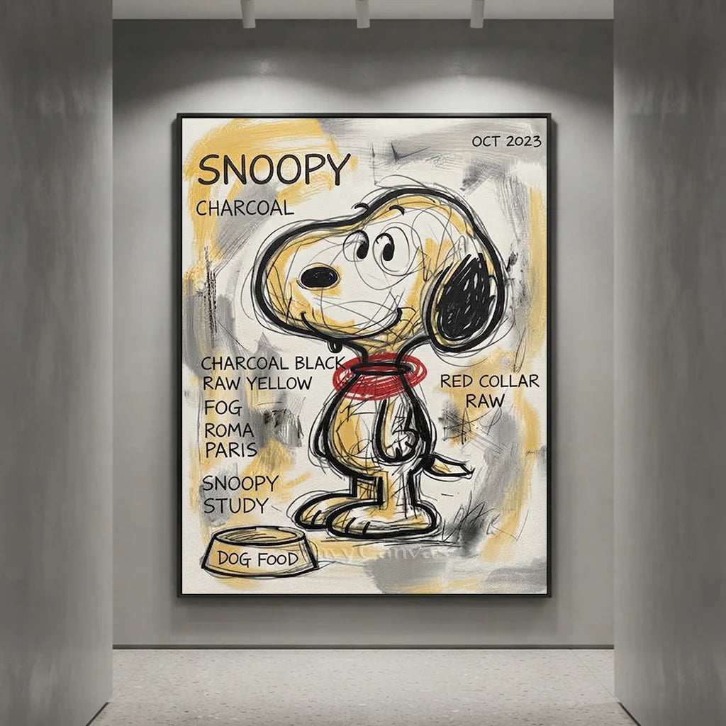 Hand-painted Modernism style Snoopy charcoal study oil painting with text details and dog food bowl for modern living room and study wall decor.