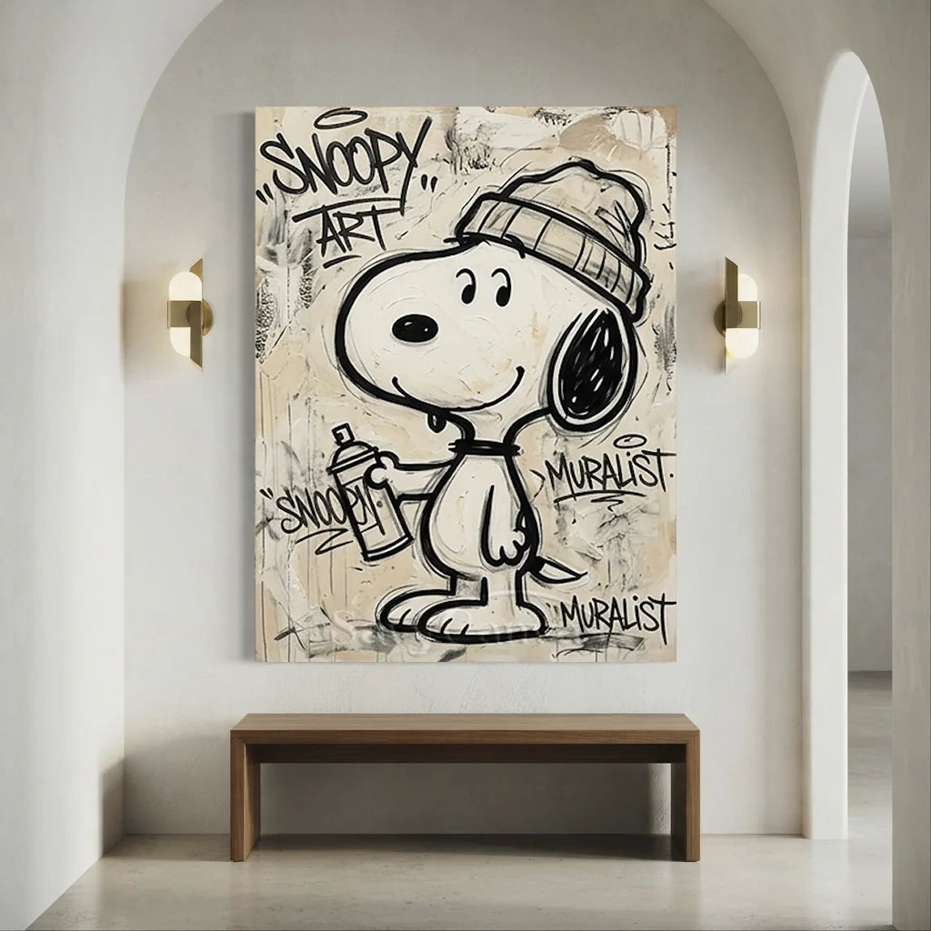 Handmade Pop Art oil painting of Snoopy as a graffiti artist holding a spray can on a beige canvas with urban text.