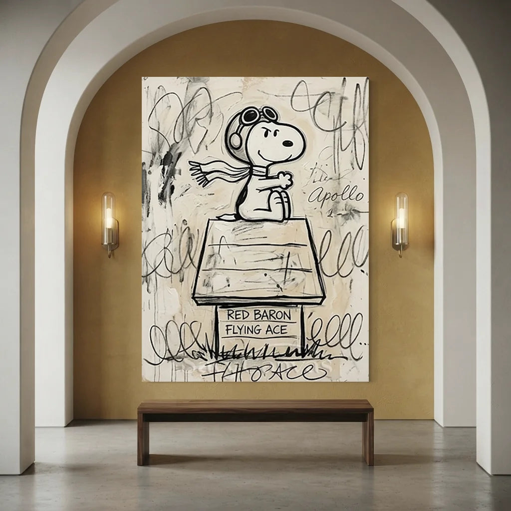 Hand-painted Pop Art oil painting of Snoopy as a Flying Ace wearing pilot goggles on a beige textured canvas with "RED BARON" graffiti text.