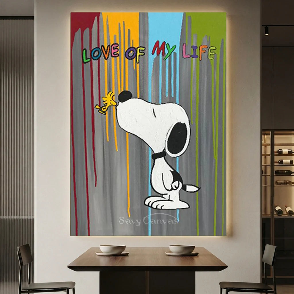 Hand-painted Pop Art oil painting of Snoopy and Woodstock with "LOVE OF MY LIFE" graffiti text on a gray textured canvas with colorful dripping paint lines.