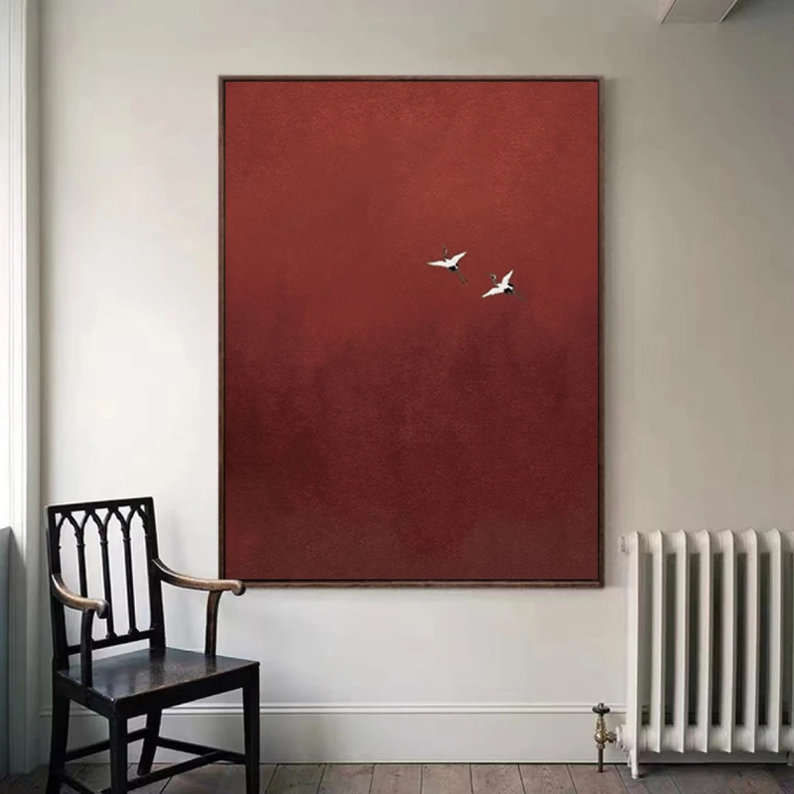 Minimalist Red Abstract Oil Painting with Flying Birds Wall Art #TC 026