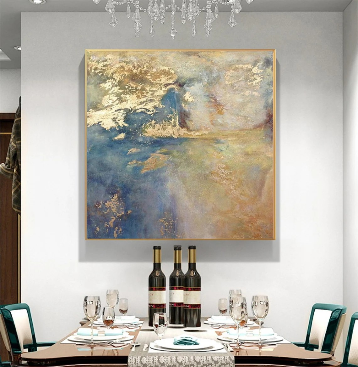 Modern Canvas Wall Art - Textured Blue Gold Abstract Painting #TC 050