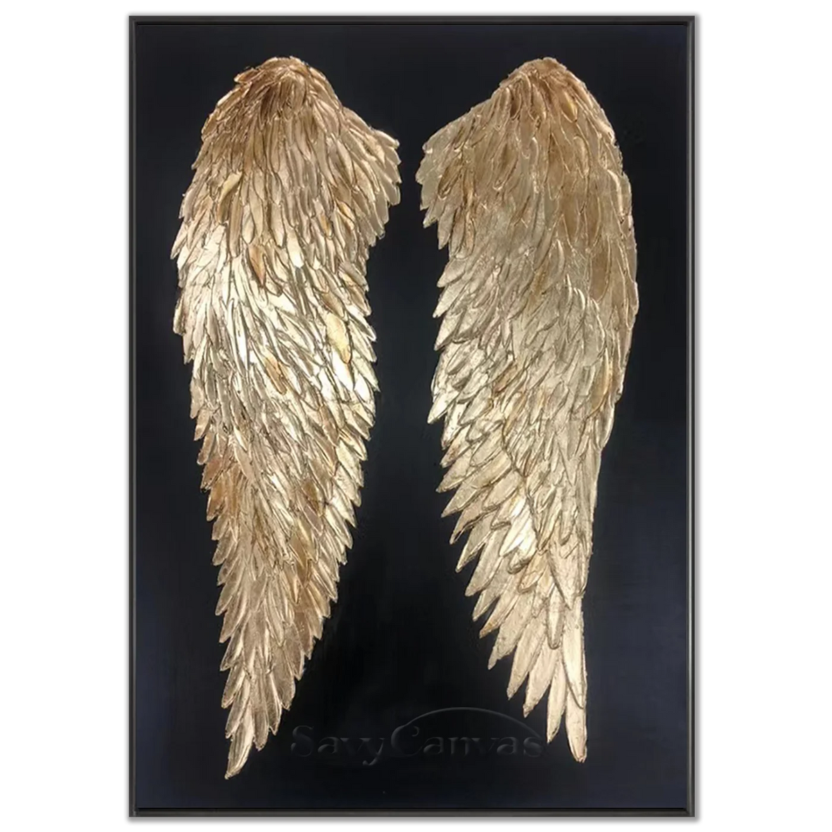 Gold Angel Wings 3D Texture Oil Painting on Black Canvas #SS 006