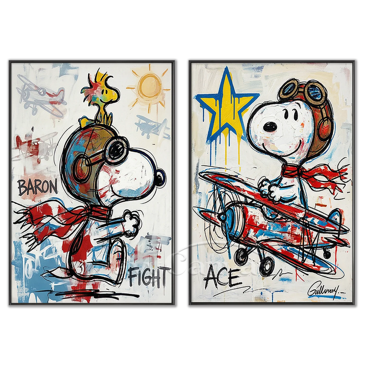 Snoopy Flying Ace Graffiti Oil Painting - 2 Piece Canvas Wall Art #SS 057