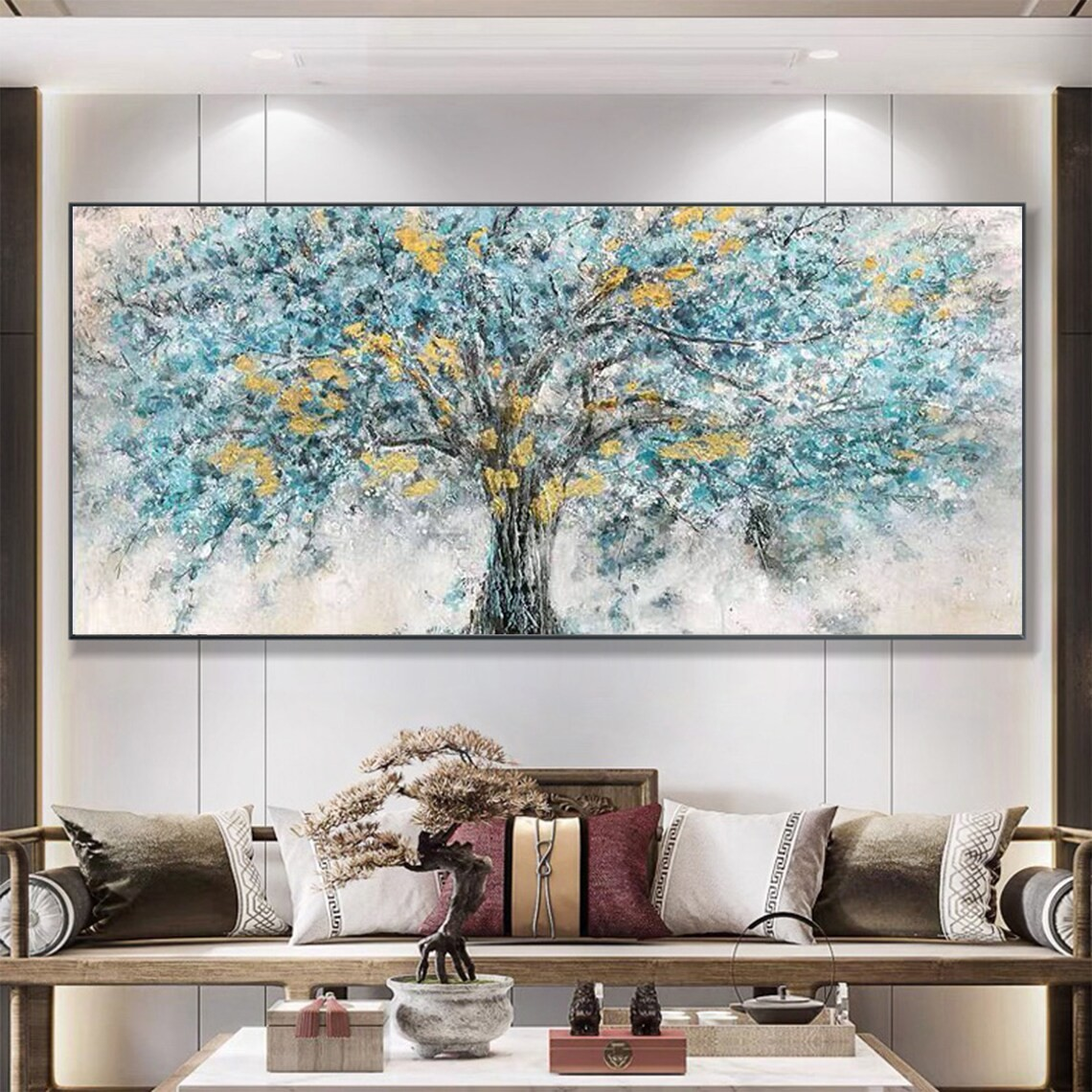 Abstract Tree Oil Painting with Blue & Gold Textured Leaves #JJ 038