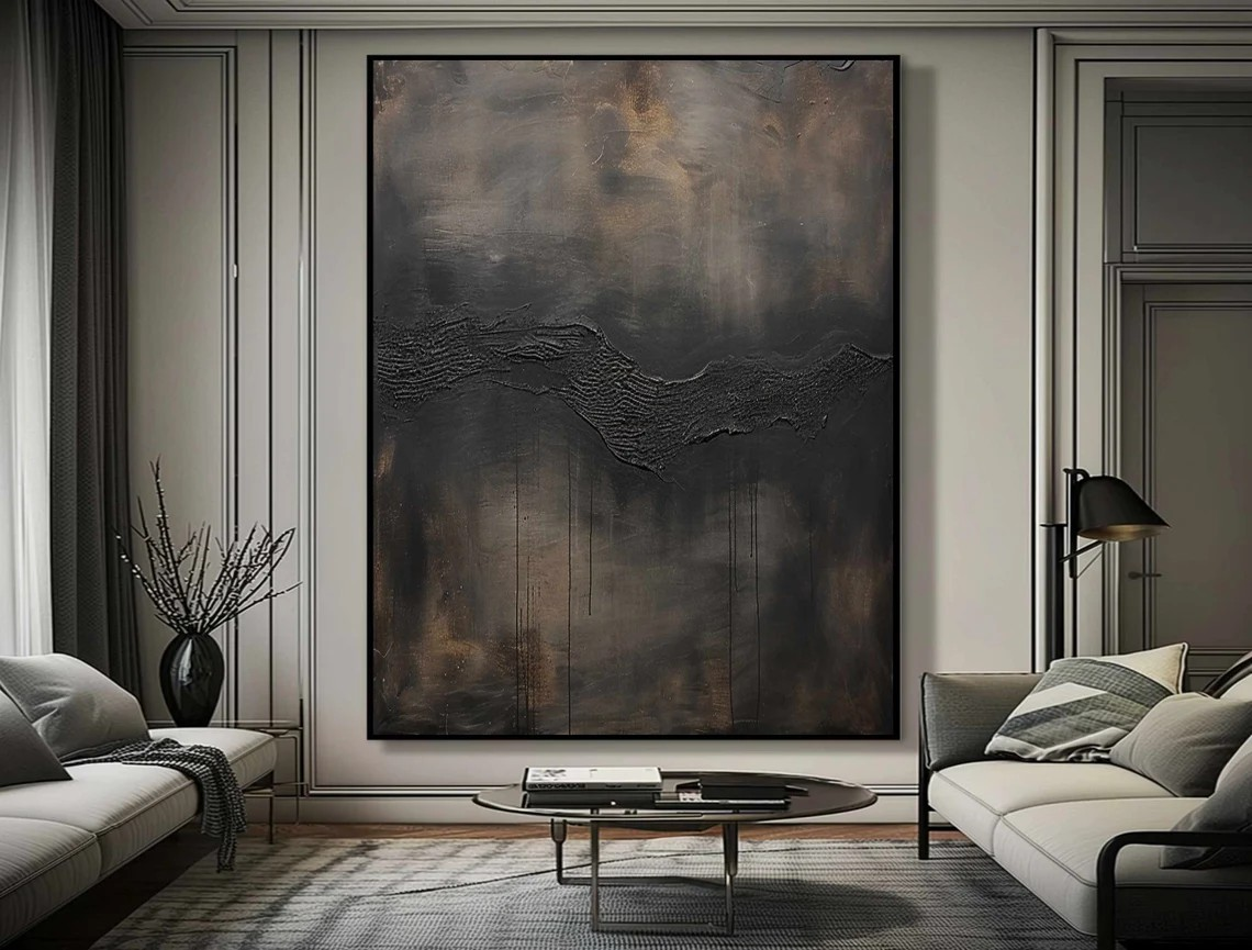 Large Abstract Black and Gray Oil Painting with Textured Flow Design #TC 016