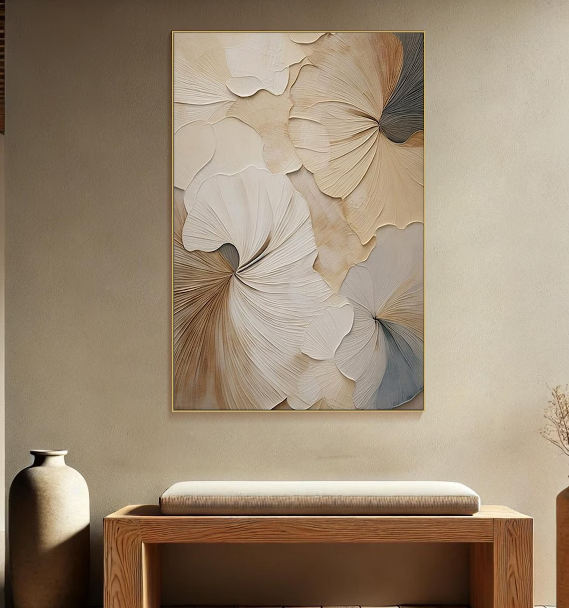 Textured Beige Floral Painting for Bedroom #TC 103