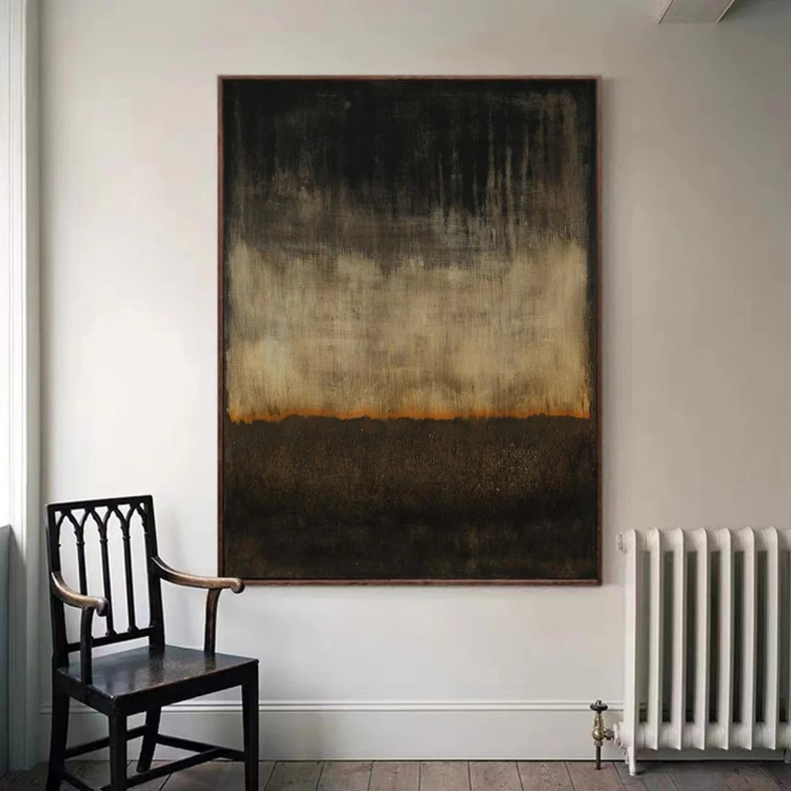 Contemporary Black to Beige Abstract Oil Painting with Orange Horizon Canvas #TC 035