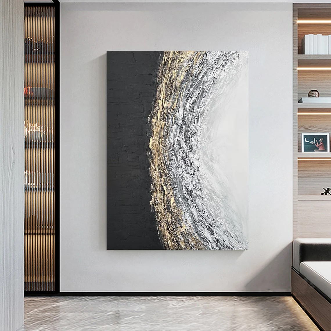 Abstract Black White Gold Oil Painting Modern Wall Art #TC 083