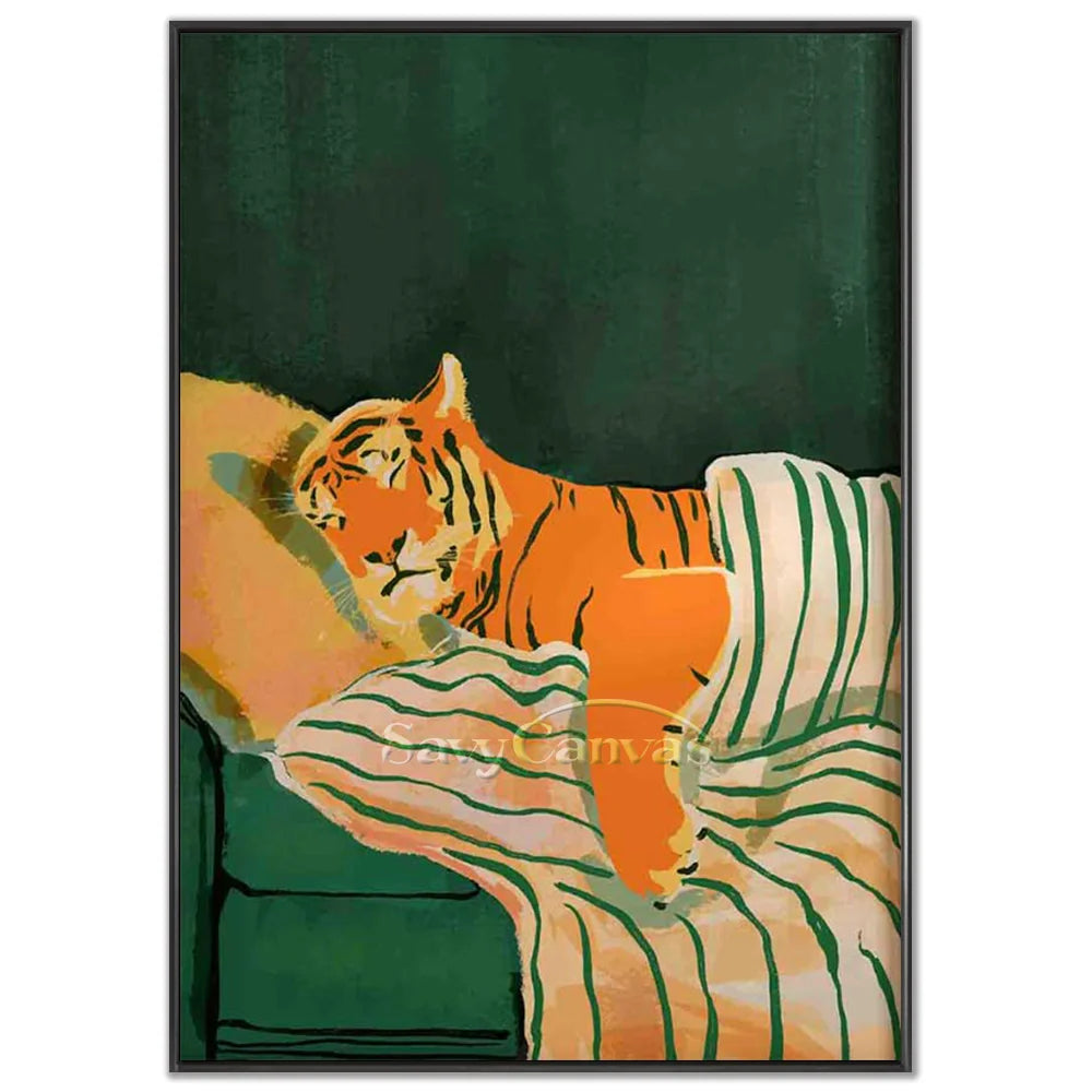 Whimsical Sleeping Tiger Oil Painting Retro Canvas Art #AA 549