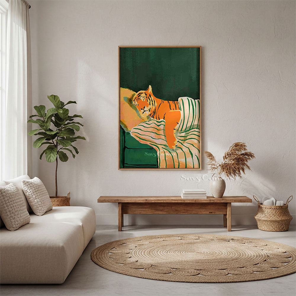 Whimsical Sleeping Tiger Oil Painting Retro Canvas Art #AA 549