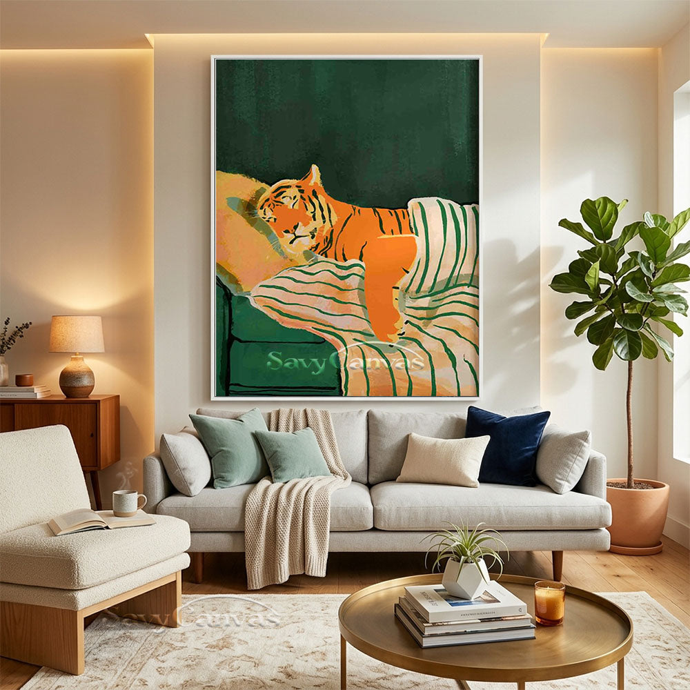 Whimsical Sleeping Tiger Oil Painting Retro Canvas Art #AA 549