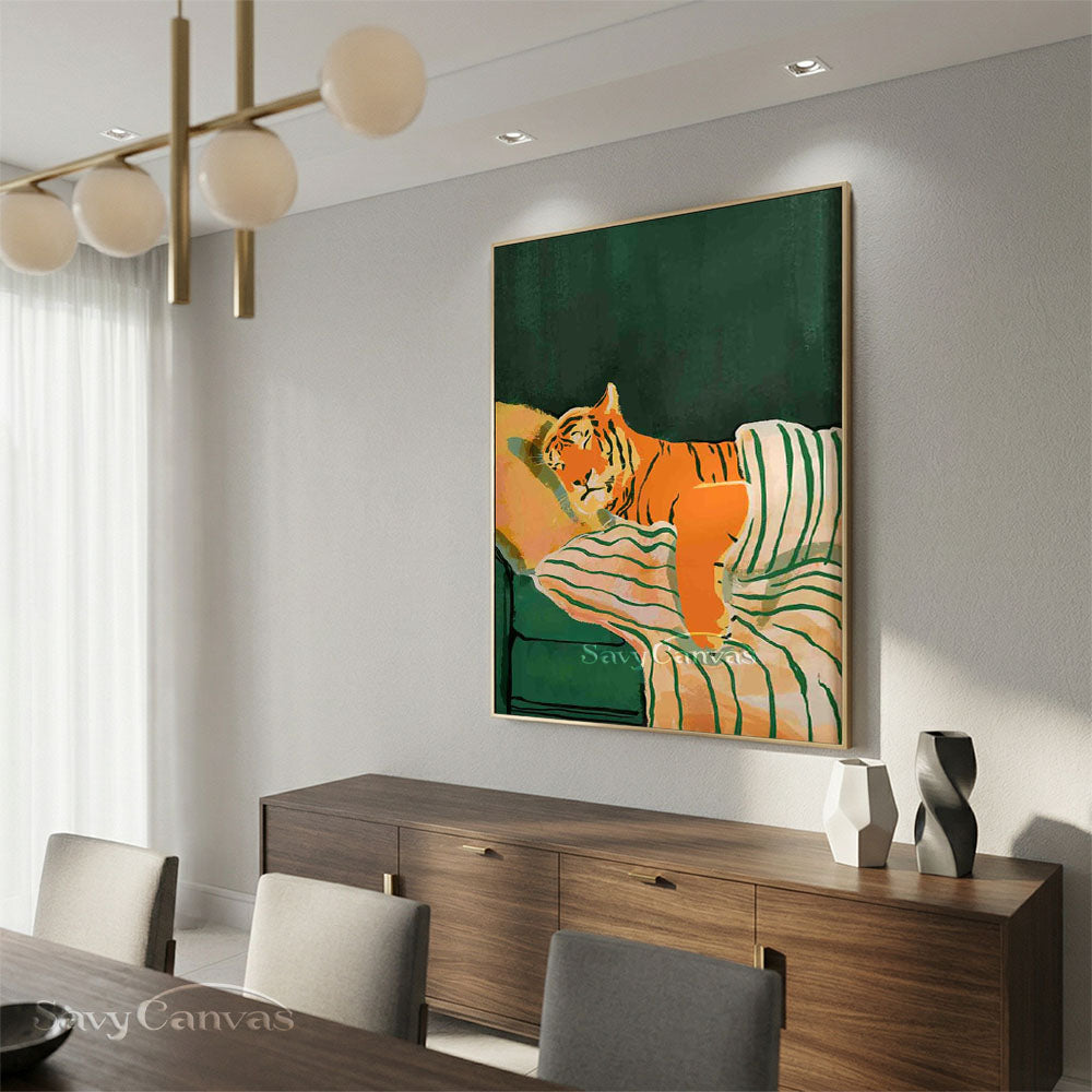 Whimsical Sleeping Tiger Oil Painting Retro Canvas Art #AA 549