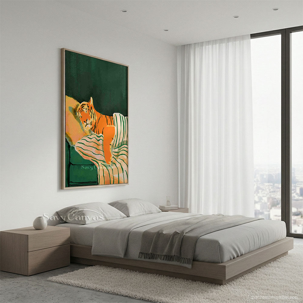 Whimsical Sleeping Tiger Oil Painting Retro Canvas Art #AA 549