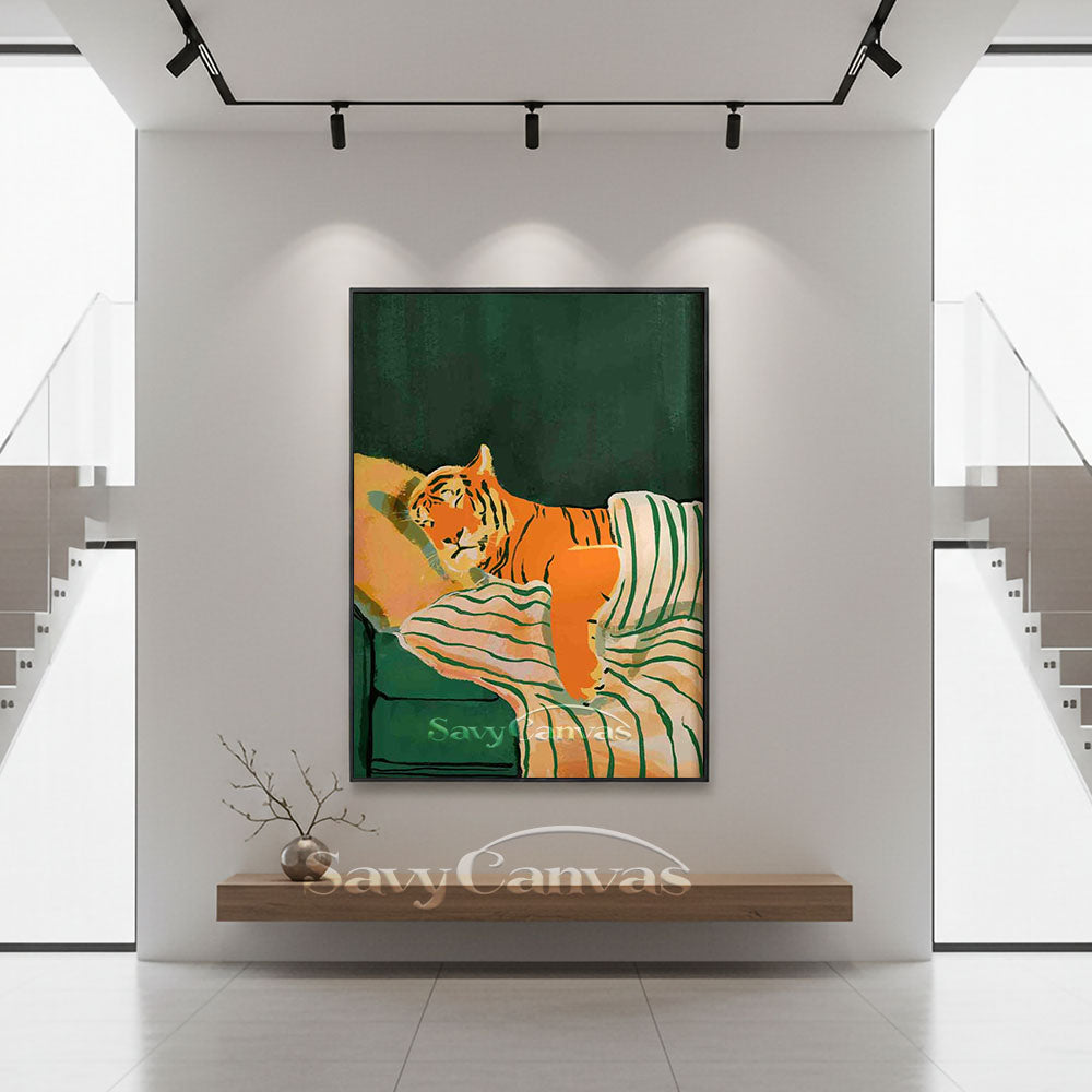 Whimsical Sleeping Tiger Oil Painting Retro Canvas Art #AA 549