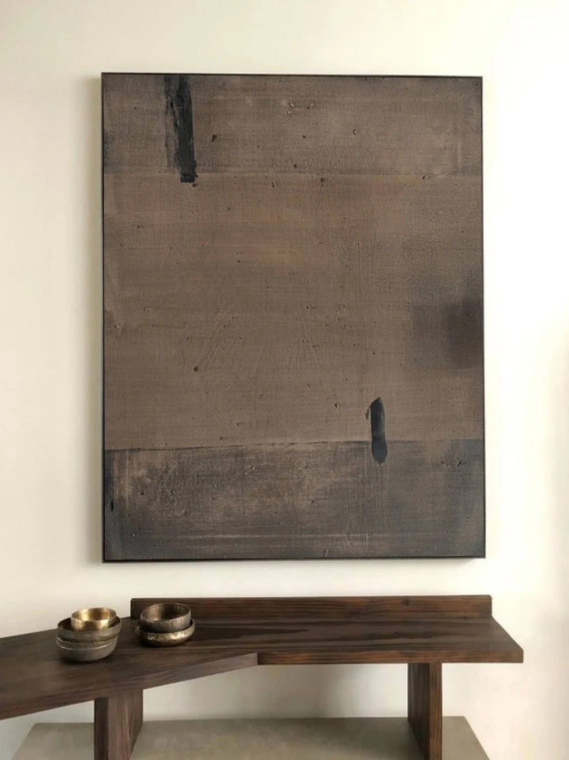 Minimalist Brown Abstract Oil Painting with Black Marks Wall Art#TC 040