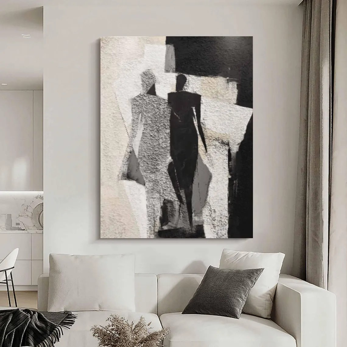 Abstract Figures Art - Black White Textured Wall Painting #TC 053