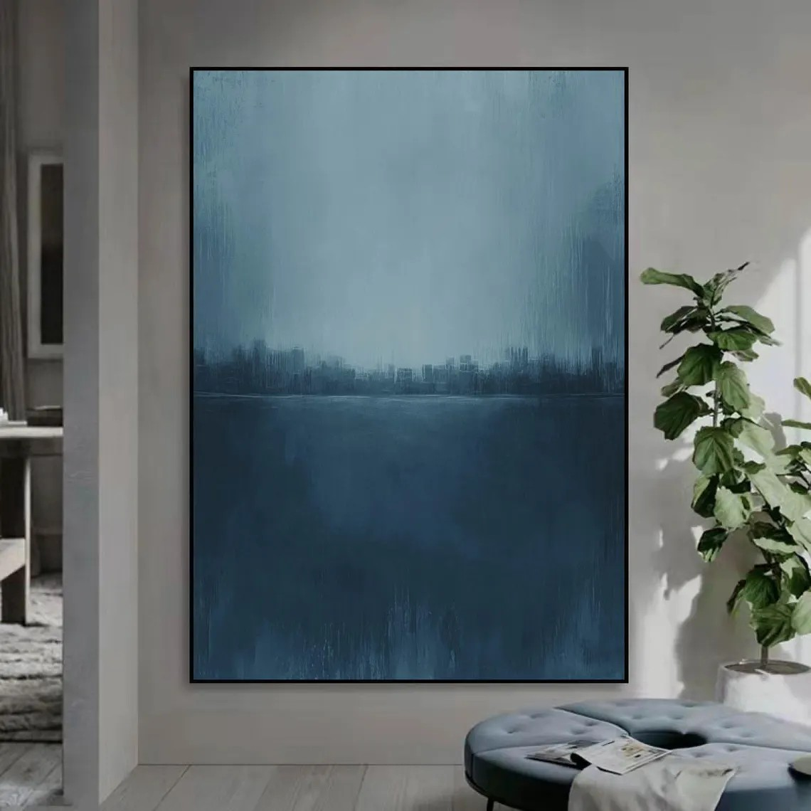 Minimalist Blue Abstract Oil Painting for Contemporary Interior Design #TC 018