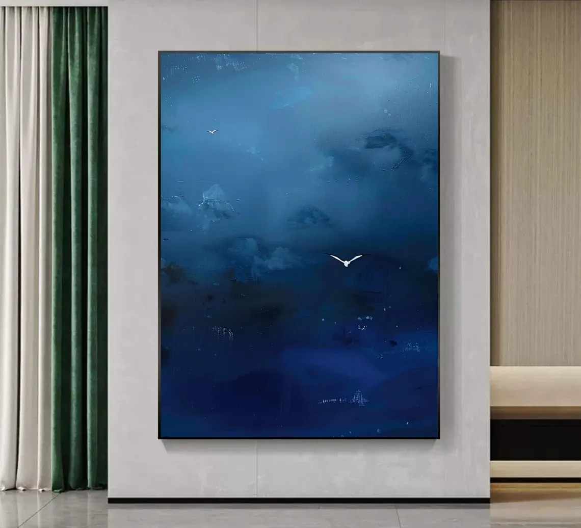 Deep Blue Abstract Oil Painting with Flying Birds Wall Art  #TC 028
