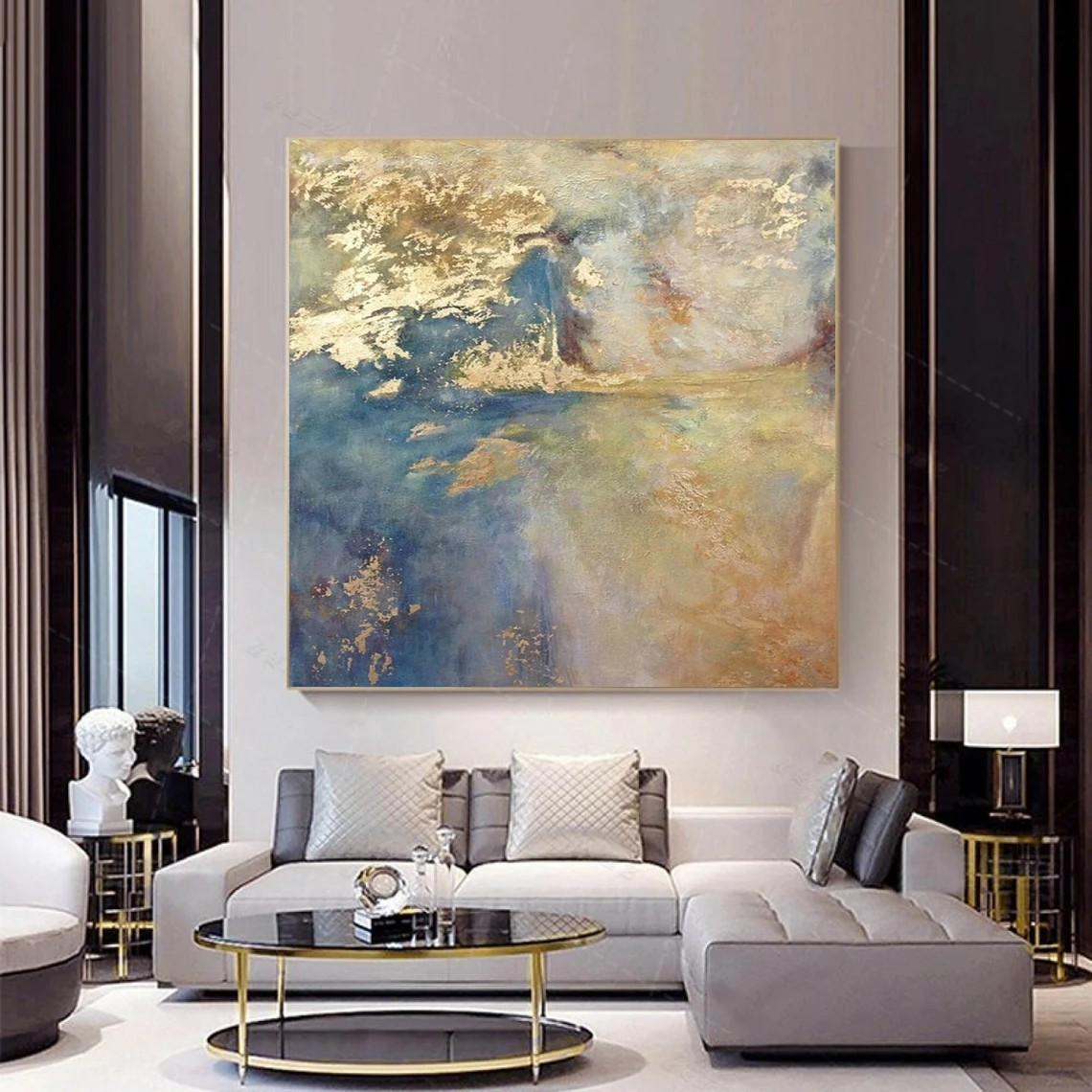 Modern Canvas Wall Art - Textured Blue Gold Abstract Painting #TC 050