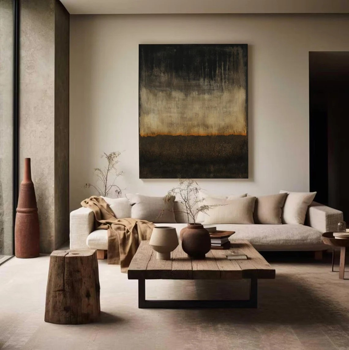 Contemporary Black to Beige Abstract Oil Painting with Orange Horizon Canvas #TC 035