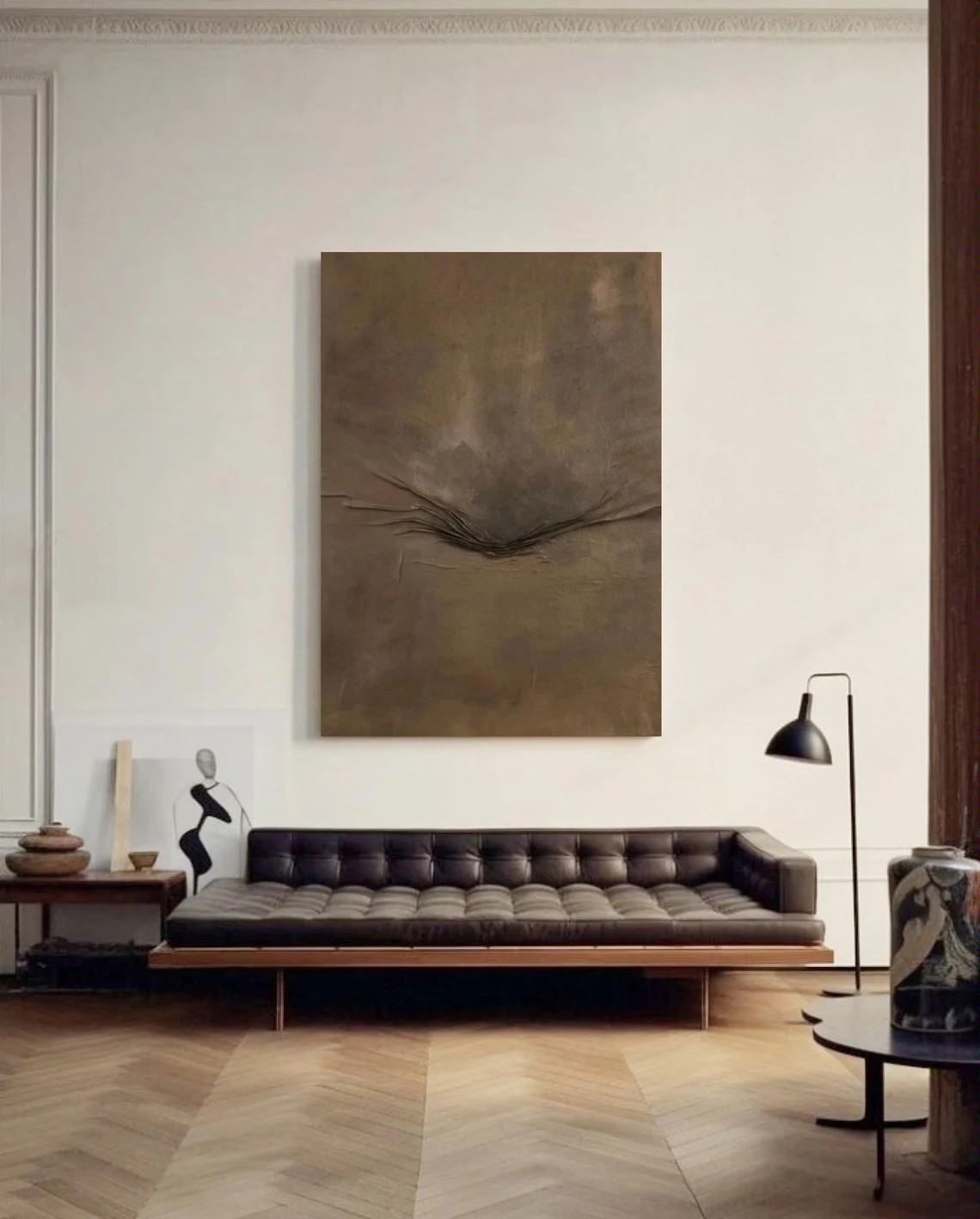 Minimalist Brown Abstract Oil Painting with Textured Center Wall Art #TC 034