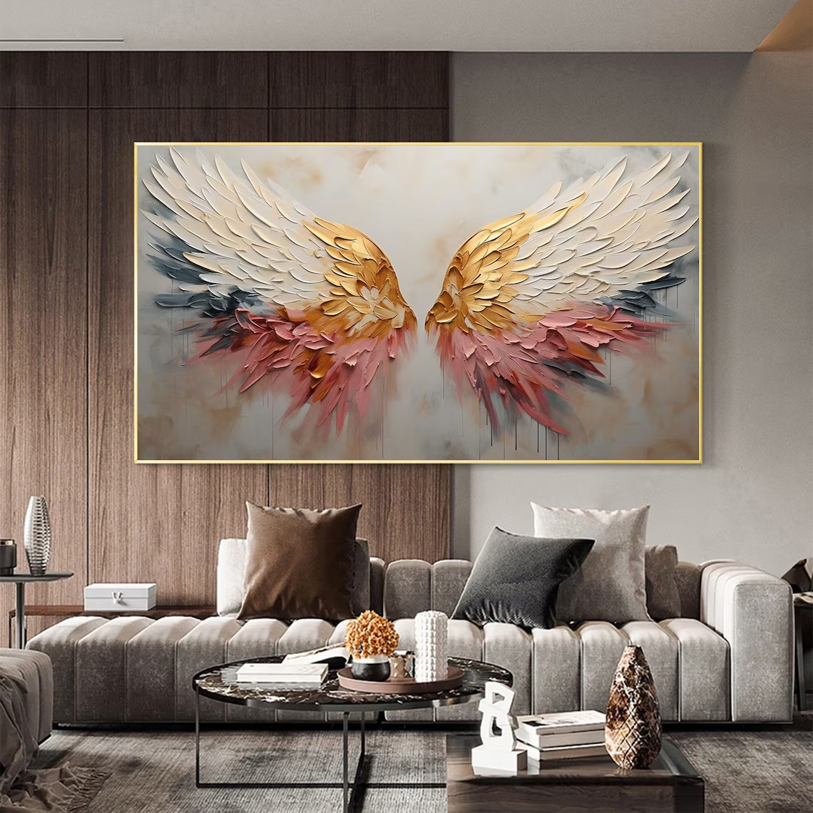 Textured Angel Wings Abstract Oil Painting - Gold & Peach Art #JJ 031