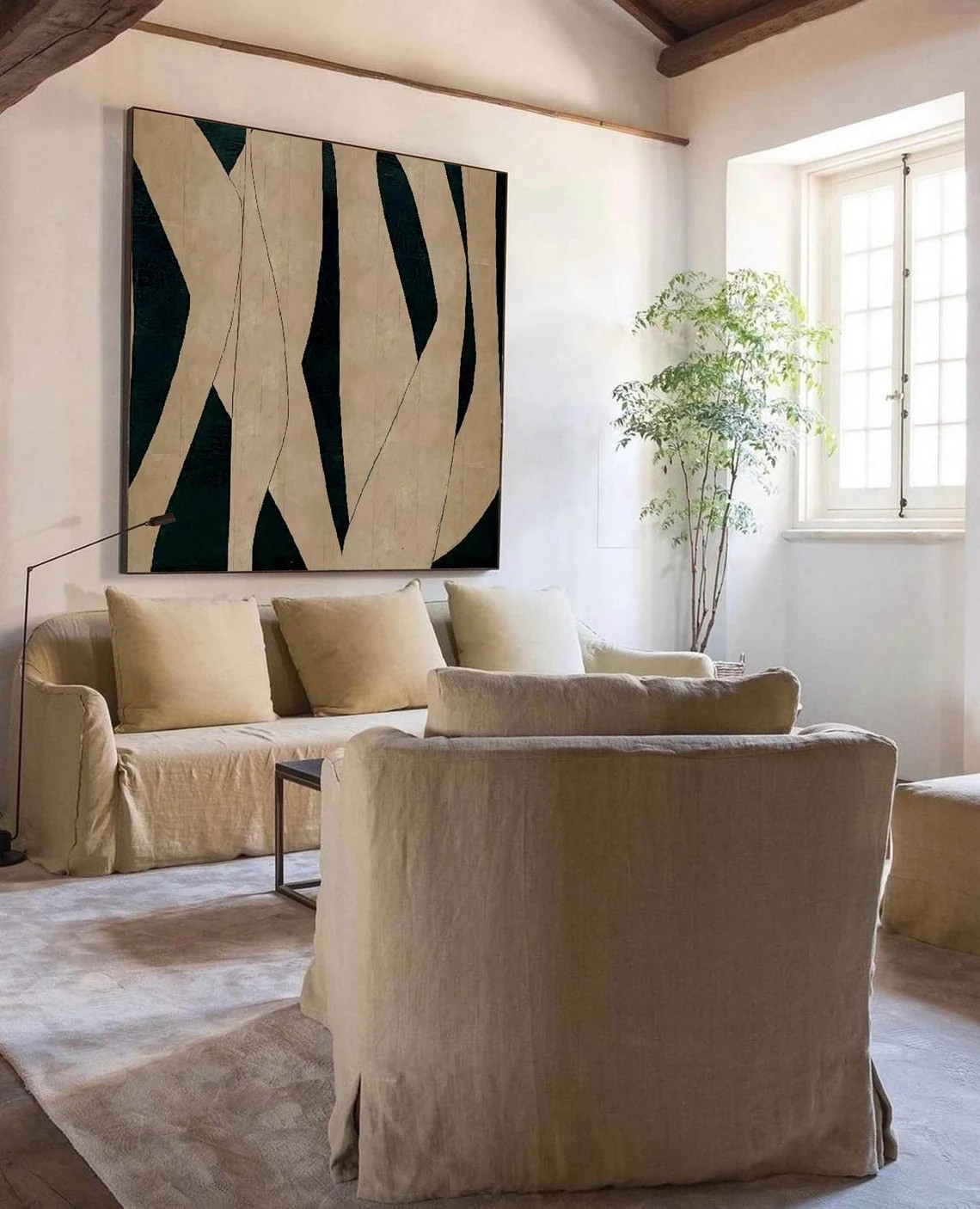 Abstract Modern Canvas Art – Flowing Lines in Black and Beige #JJ 010