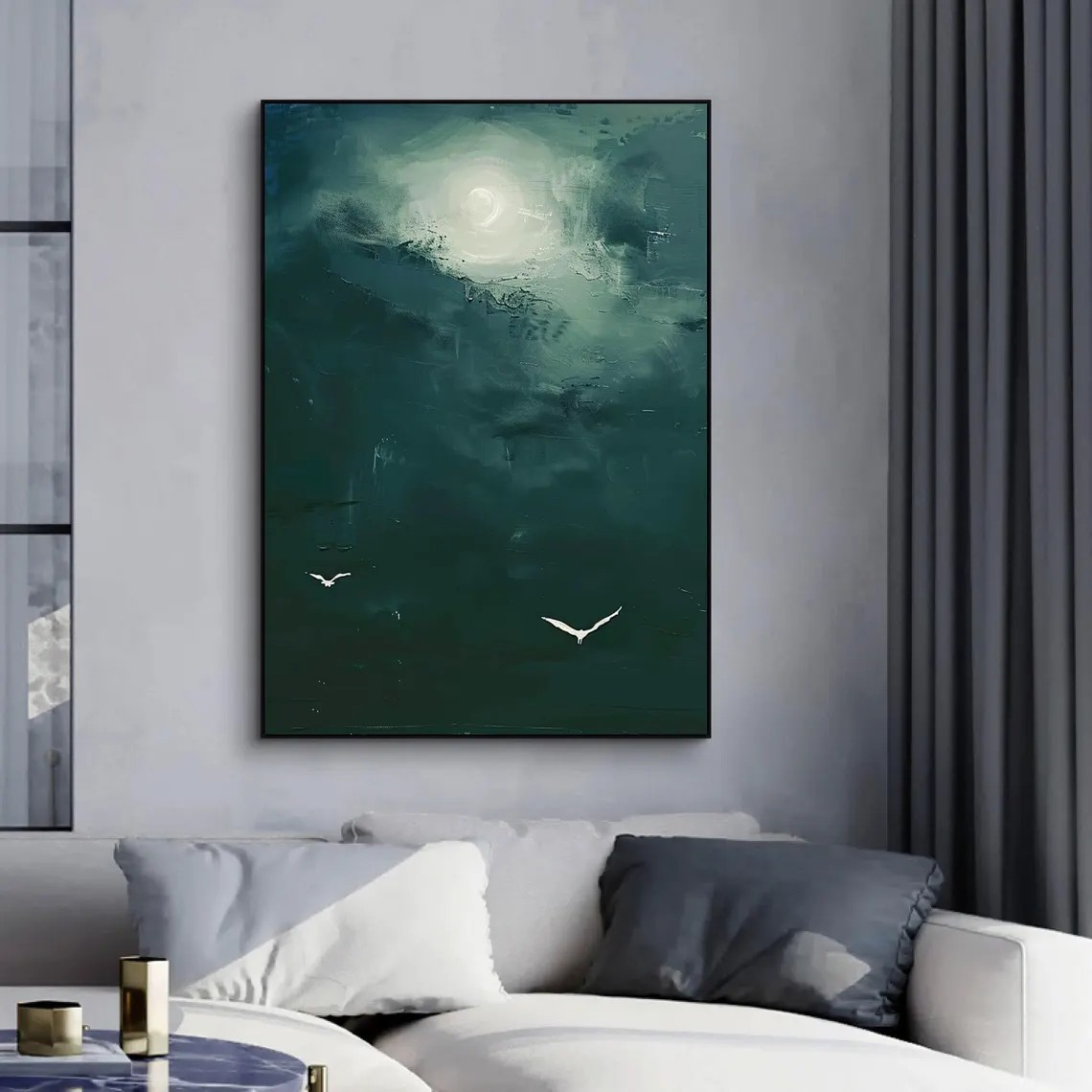 Dark Teal Abstract Oil Painting with Moon and Birds Wall Art  #TC 029