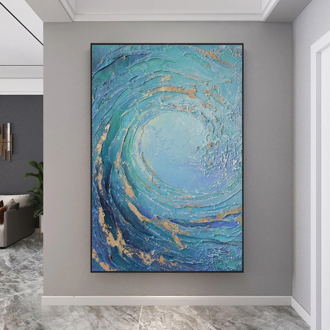 Blue and Gold Abstract Painting, Textured Ocean Wave Wall Decor