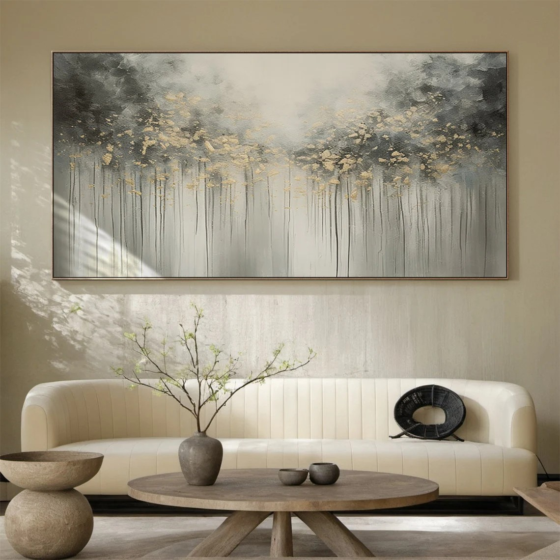 Modern Abstract Oil Painting | Grey, Black & Gold Forest Theme