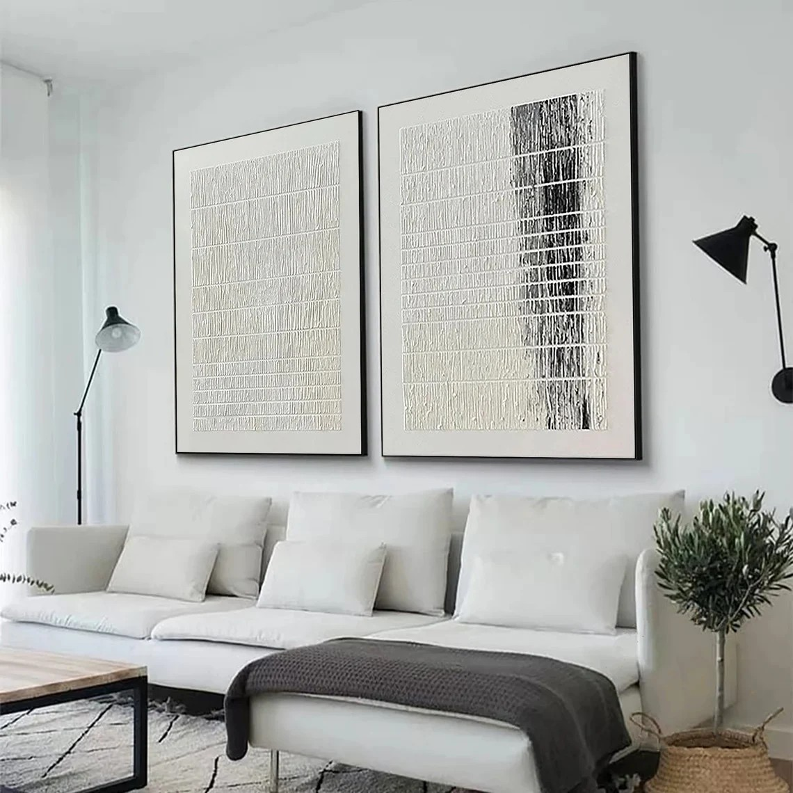 Minimalist Textured Line Abstract Diptych - Black & White Art #JJ 027