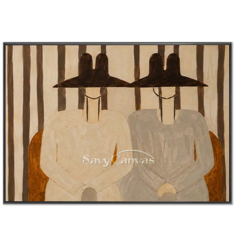 High-quality handmade abstract modern oil painting depicting two stylized figures wearing wide black statement hats against a background of vertical cream and brown stripes.