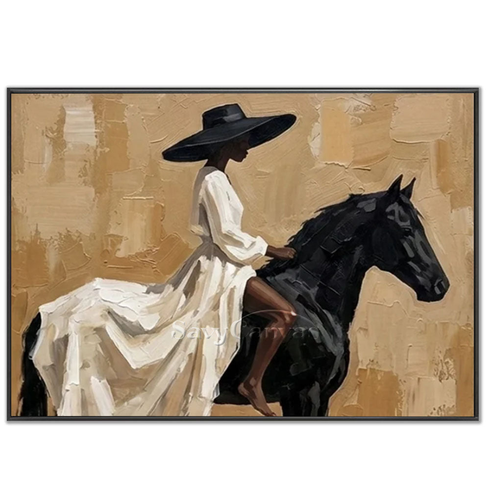 Premium handmade modern oil painting depicting a stylish woman in a white dress and wide black hat riding a black horse against a textured beige background.