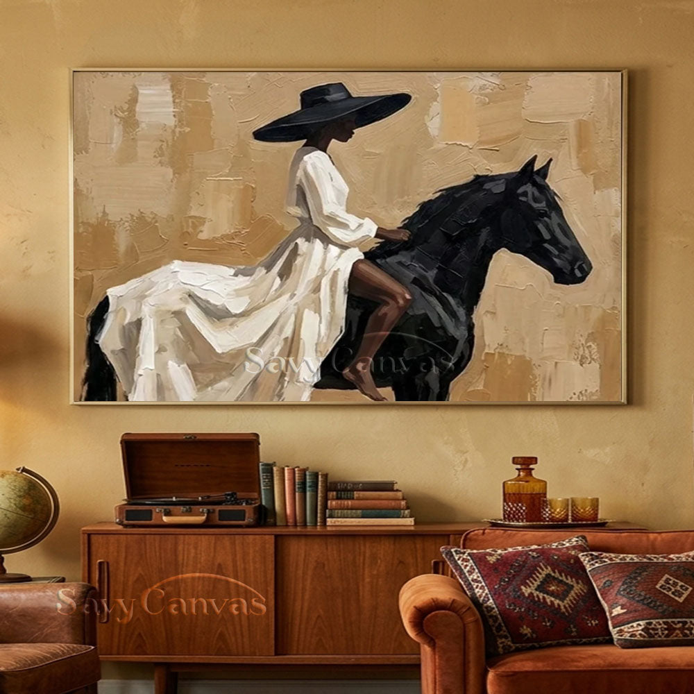 Elegant Woman on Black Horse Oil Painting #ZC 027